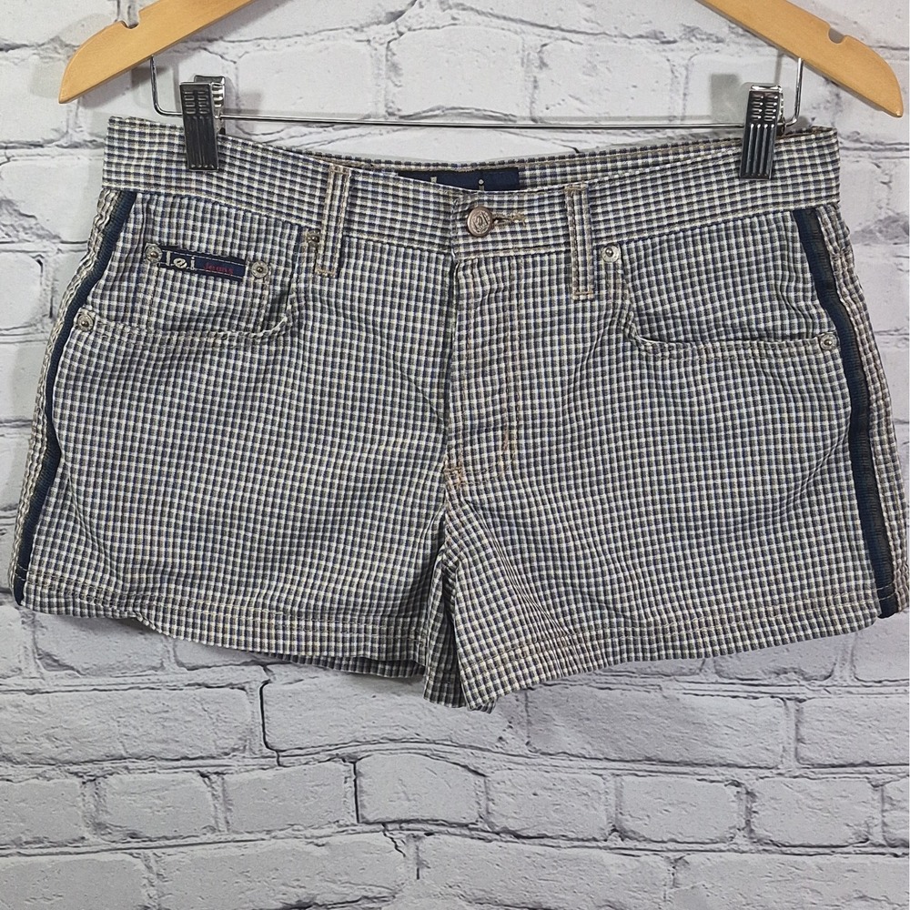 L.E.I. Denim Plaid Shorts Women JR 7 Blue Y2K Vintage 90's Button Fly USA